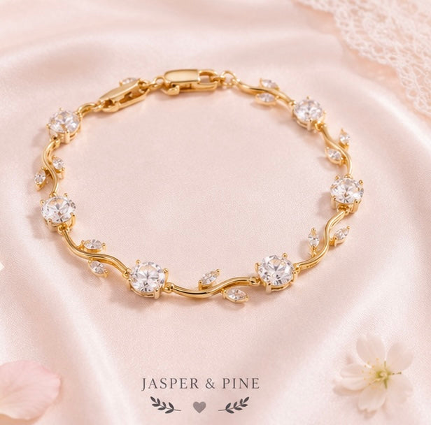 The Morning Dew Vine Bracelet by Jasper & Pine Co. – Gold & Clear Crystal Floral Jewelry