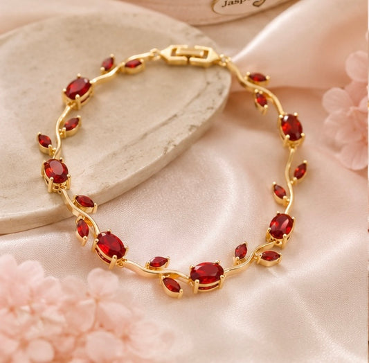 The Crimson Rose Vine Bracelet by Jasper & Pine Co. – Gold & Ruby Red Crystal Floral Jewelry