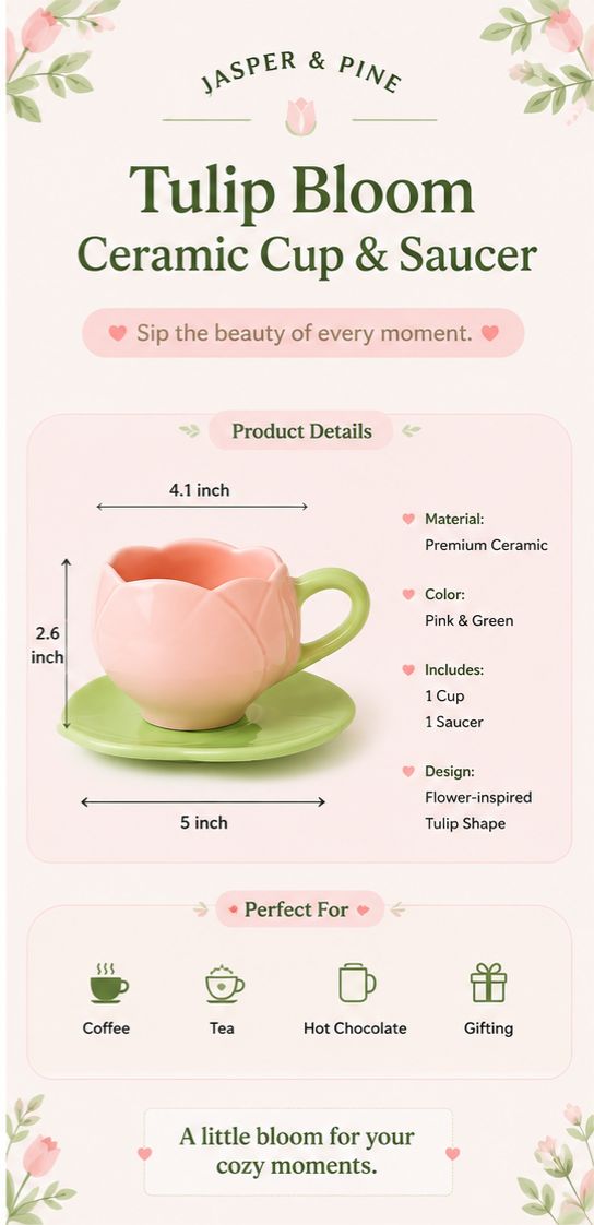 🌷 Tulip Bloom Ceramic Cup & Saucer Set | Aesthetic Floral Coffee Mug