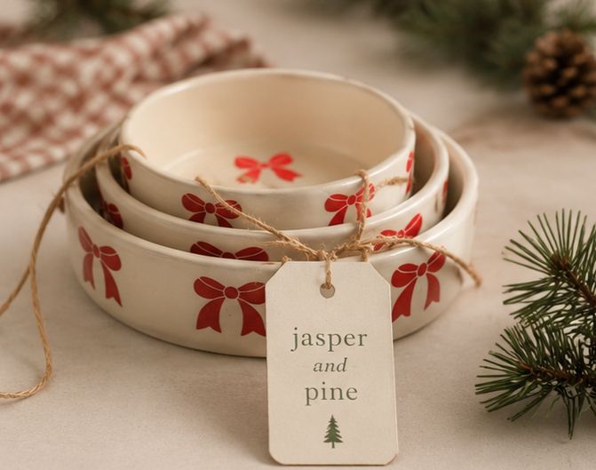 Red Ribbon Ceramic Nesting Bowls (Set of 3) by Jasper & Pine Co.