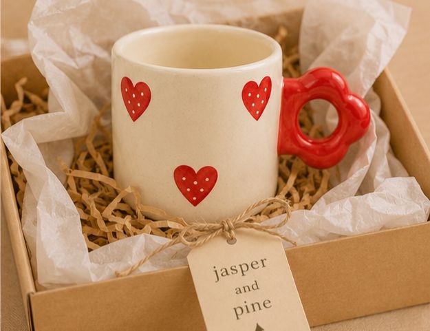 Dotted Heart Ceramic Mug & Saucer (Set of 2) by Jasper & Pine Co.