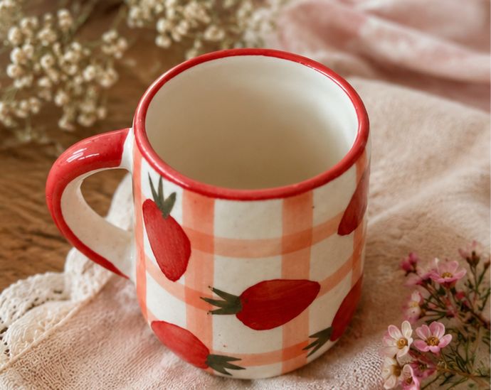 The Sweet Berry Gingham Mug by Jasper & Pine Co. – Handmade Ceramic Strawberry Coffee Cup