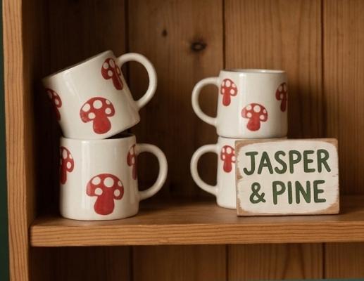 Set of mugs with red mushroom design on a wooden shelf with 'Jasper & Pine' sign.