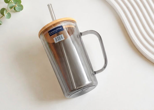 Smoky Grey Glass Tumbler Mug with Handle, Wooden Lid & Reusable Straw