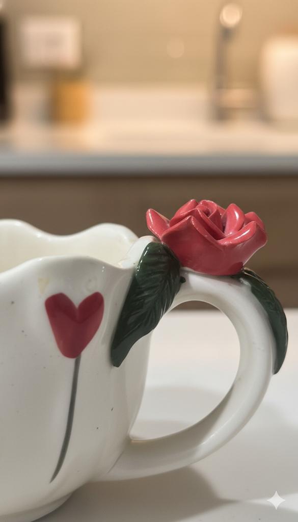 Handmade Ceramic Heart Mug with Rose Handle | Cute Coffee & Tea Cup | Microwave Safe