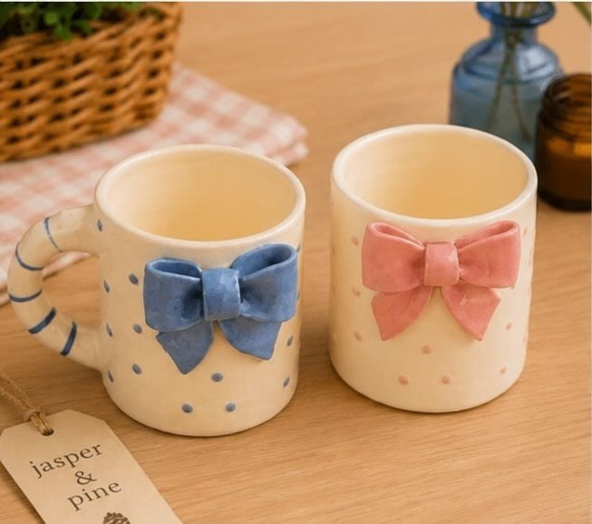 Jasper & Pine Bow Duo Mug Set | Handcrafted Ceramic Coffee Cups