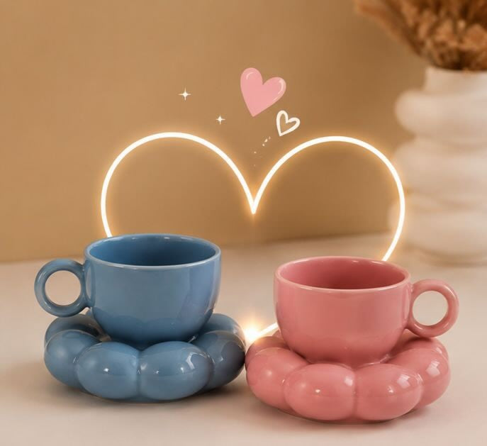 Jasper & Pine Bubble Duo Cup & Saucer Set | Pastel Ceramic Coffee Cups
