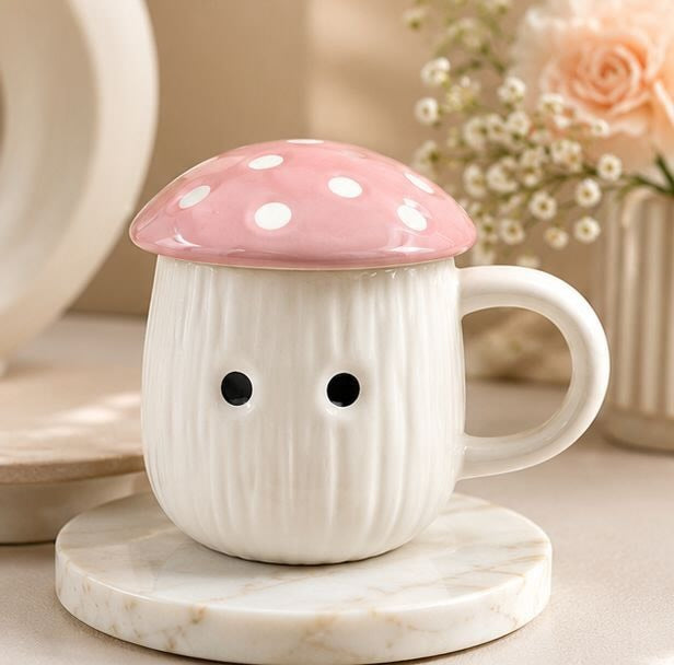 Jasper & Pine Pink Mushroom Charm Mug | Handcrafted Ceramic Cup with Lid