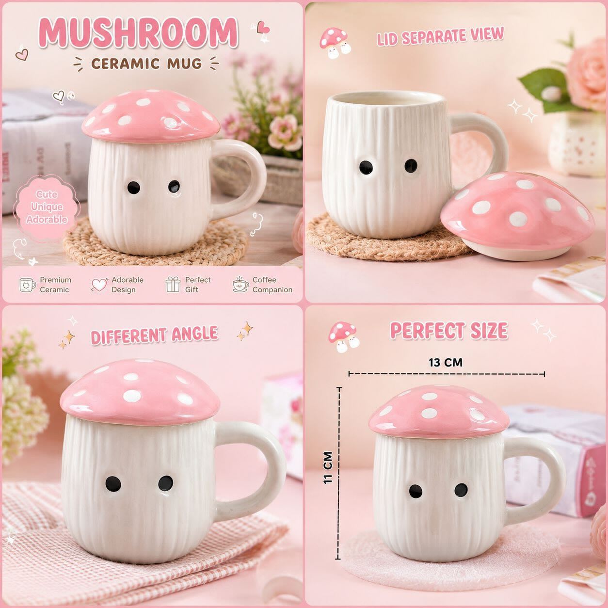 Jasper & Pine Pink Mushroom Charm Mug | Handcrafted Ceramic Cup with Lid
