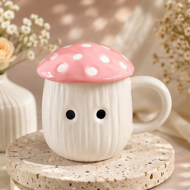 Jasper & Pine Pink Mushroom Charm Mug | Handcrafted Ceramic Cup with Lid