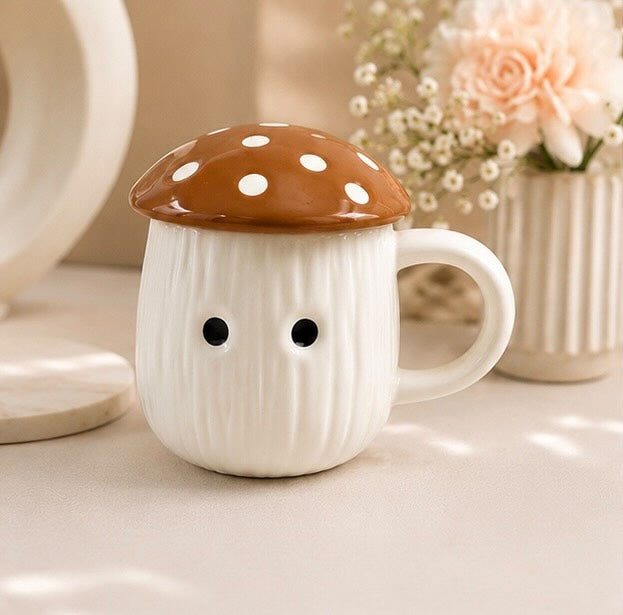 Jasper & Pine Brown Mushroom Charm Mug | Handcrafted Ceramic Cup with Lid
