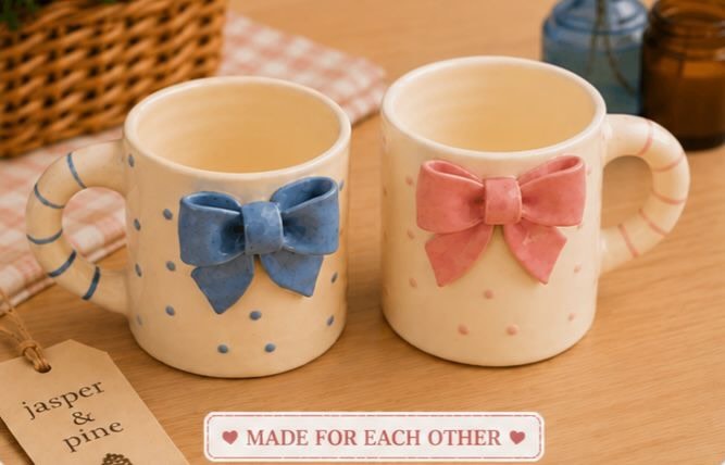 Jasper & Pine Bow Duo Mug Set | Handcrafted Ceramic Coffee Cups