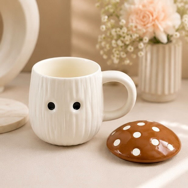 Jasper & Pine Brown Mushroom Charm Mug | Handcrafted Ceramic Cup with Lid