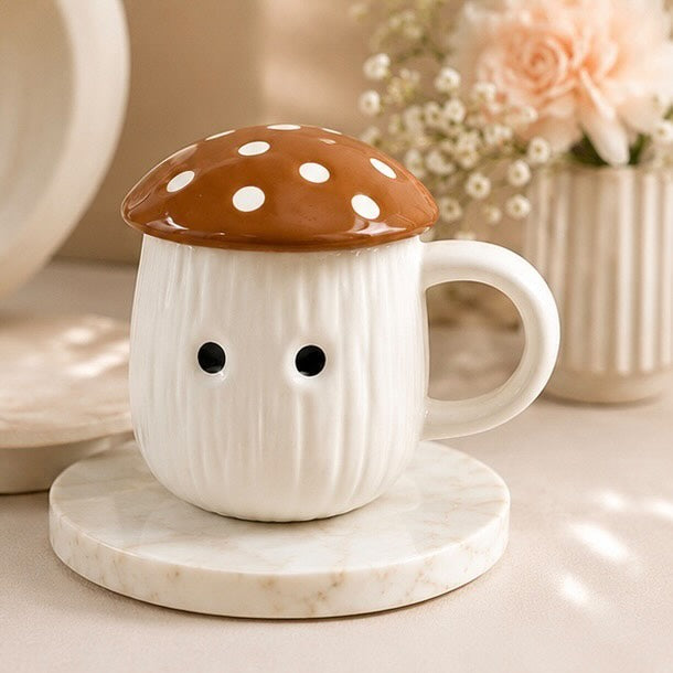 Jasper & Pine Brown Mushroom Charm Mug | Handcrafted Ceramic Cup with Lid
