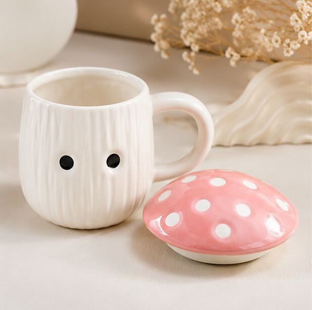 Jasper & Pine Pink Mushroom Charm Mug | Handcrafted Ceramic Cup with Lid