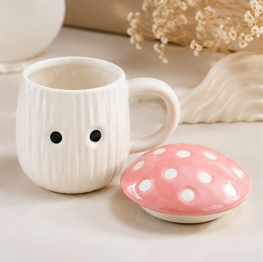 Jasper & Pine Pink Mushroom Charm Mug | Handcrafted Ceramic Cup with Lid