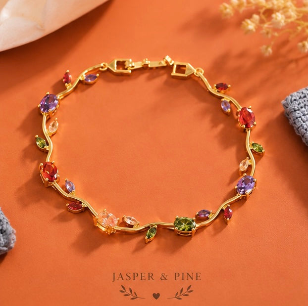 The Enchanted Garden Vine Bracelet by Jasper & Pine Co. – Gold & Multicolor Crystal Floral Jewelry