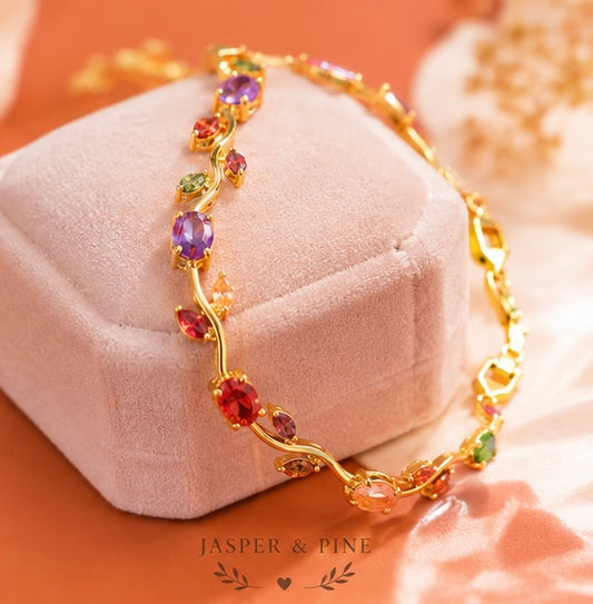 The Enchanted Garden Vine Bracelet by Jasper & Pine Co. – Gold & Multicolor Crystal Floral Jewelry
