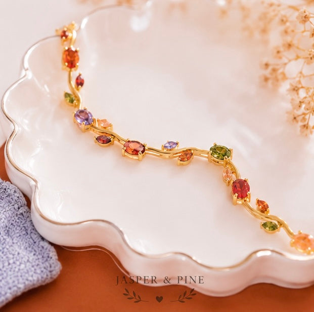 The Enchanted Garden Vine Bracelet by Jasper & Pine Co. – Gold & Multicolor Crystal Floral Jewelry