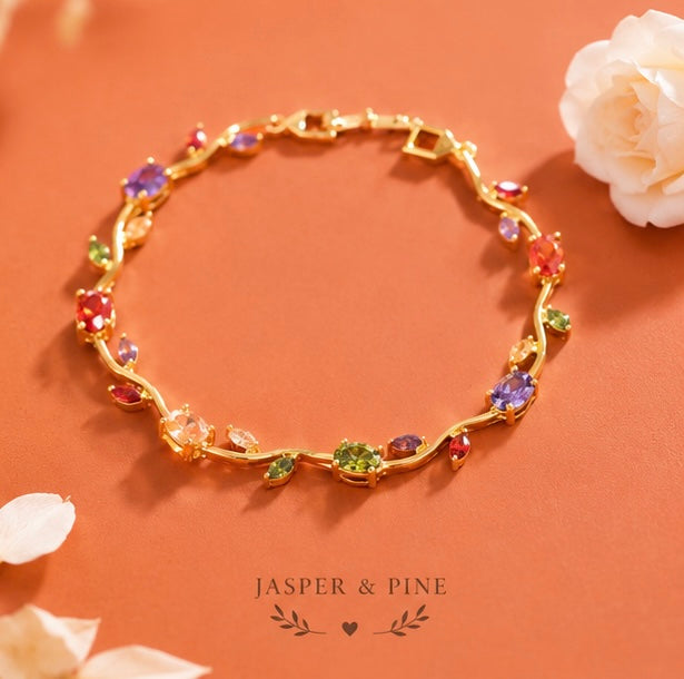 The Enchanted Garden Vine Bracelet by Jasper & Pine Co. – Gold & Multicolor Crystal Floral Jewelry