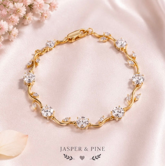 The Morning Dew Vine Bracelet by Jasper & Pine Co. – Gold & Clear Crystal Floral Jewelry