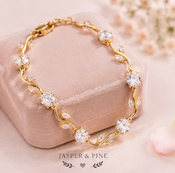 The Morning Dew Vine Bracelet by Jasper & Pine Co. – Gold & Clear Crystal Floral Jewelry