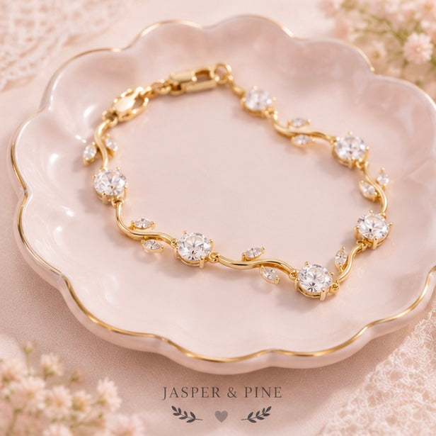 The Morning Dew Vine Bracelet by Jasper & Pine Co. – Gold & Clear Crystal Floral Jewelry