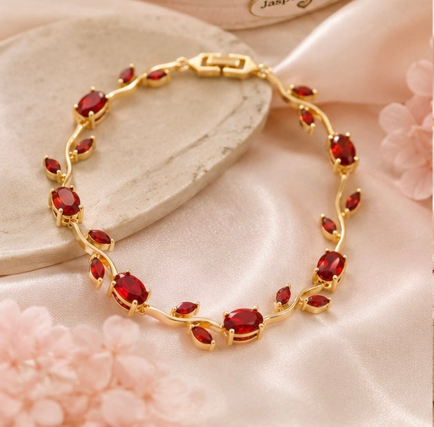 The Crimson Rose Vine Bracelet by Jasper & Pine Co. – Gold & Ruby Red Crystal Floral Jewelry