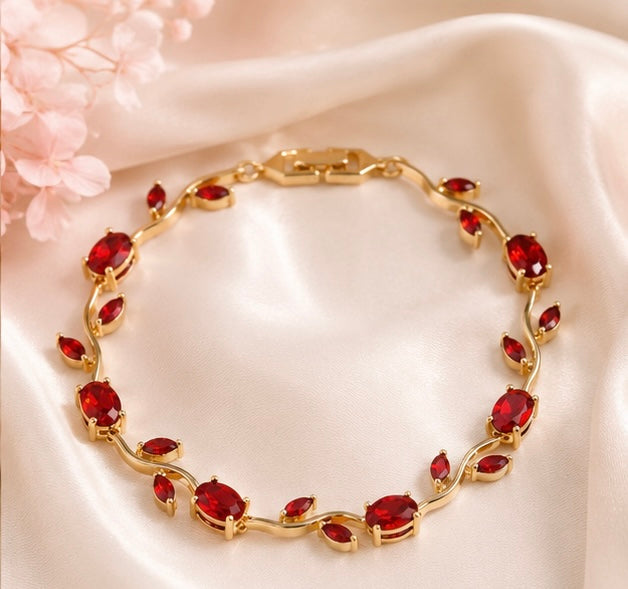 The Crimson Rose Vine Bracelet by Jasper & Pine Co. – Gold & Ruby Red Crystal Floral Jewelry