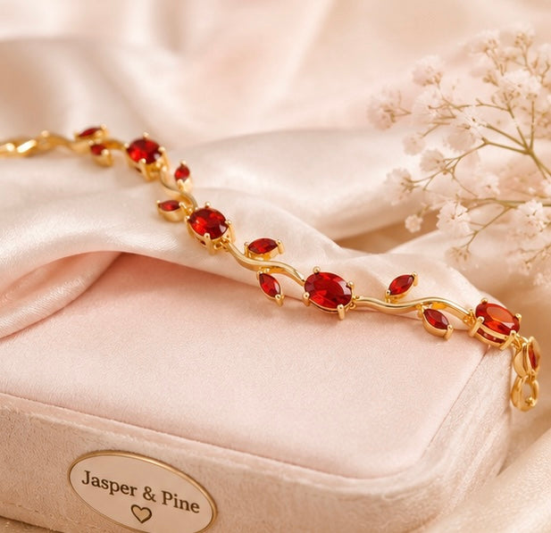 The Crimson Rose Vine Bracelet by Jasper & Pine Co. – Gold & Ruby Red Crystal Floral Jewelry
