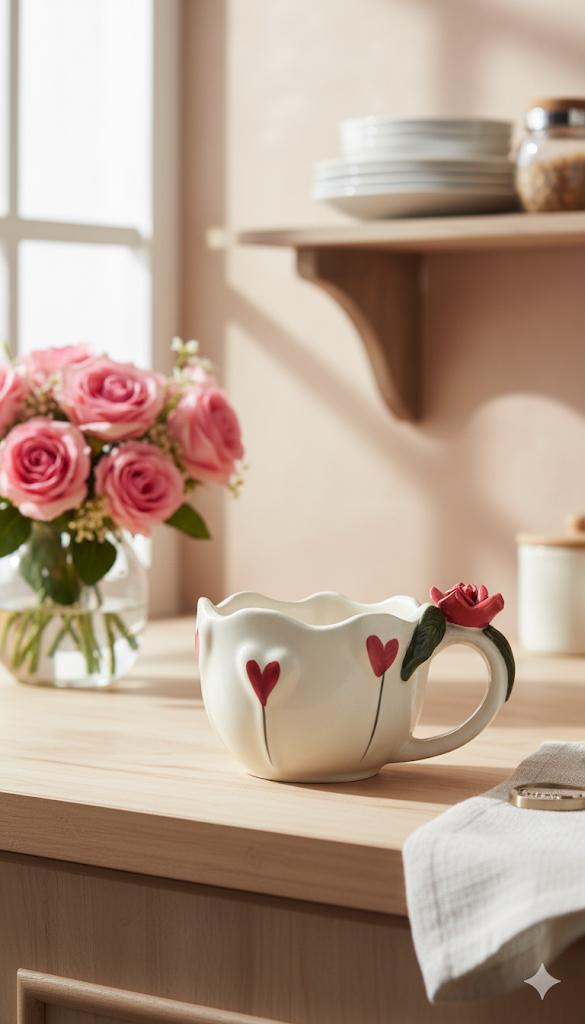 Handmade Ceramic Heart Mug with Rose Handle | Cute Coffee & Tea Cup | Microwave Safe