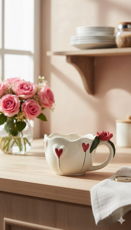 Handmade Ceramic Heart Mug with Rose Handle | Cute Coffee & Tea Cup | Microwave Safe