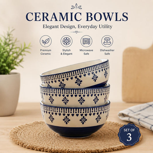 Elegant Blue Floral Ceramic Bowl Set of 3 | Microwave Safe | Premium Dining Bowls