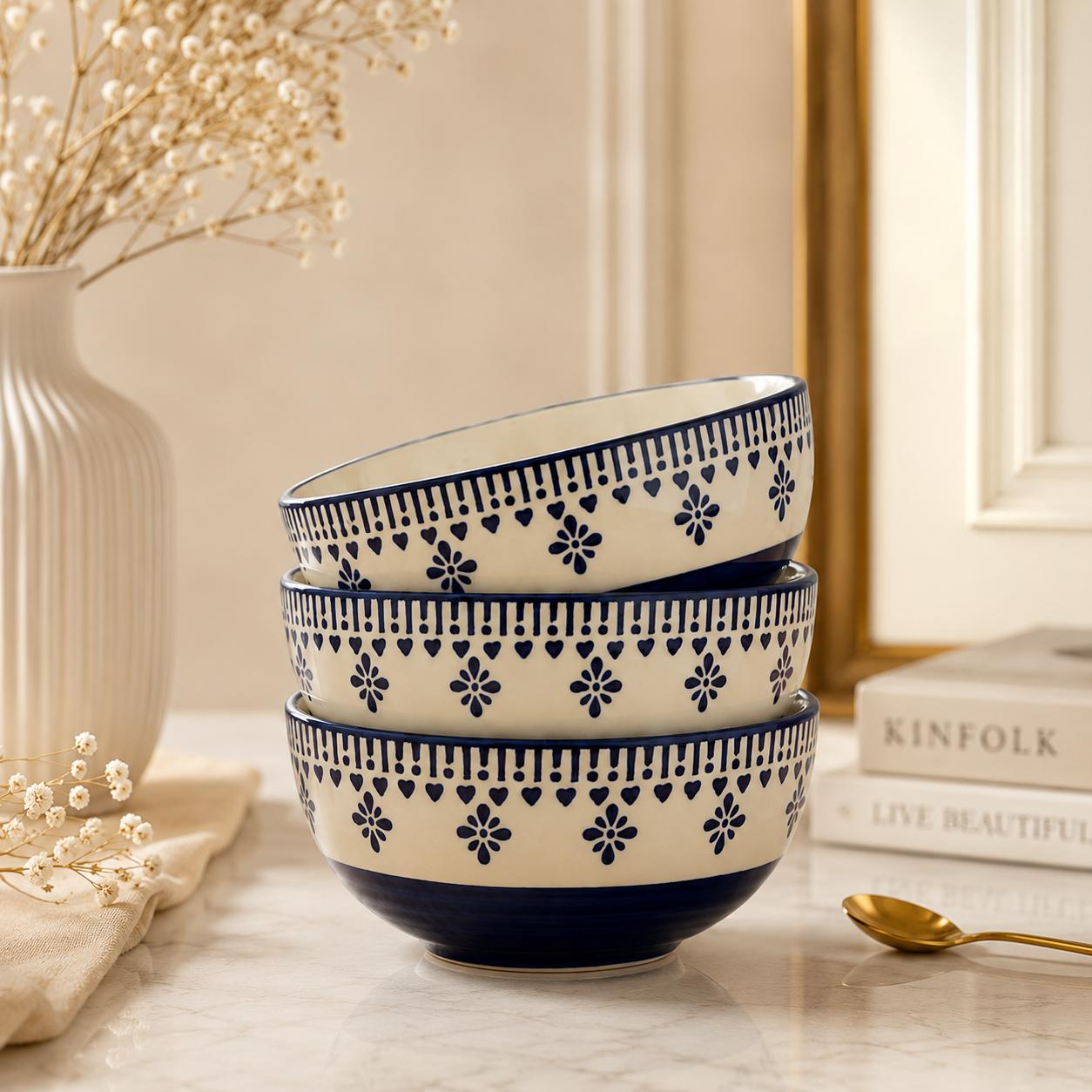 Elegant Blue Floral Ceramic Bowl Set of 3 | Microwave Safe | Premium Dining Bowls
