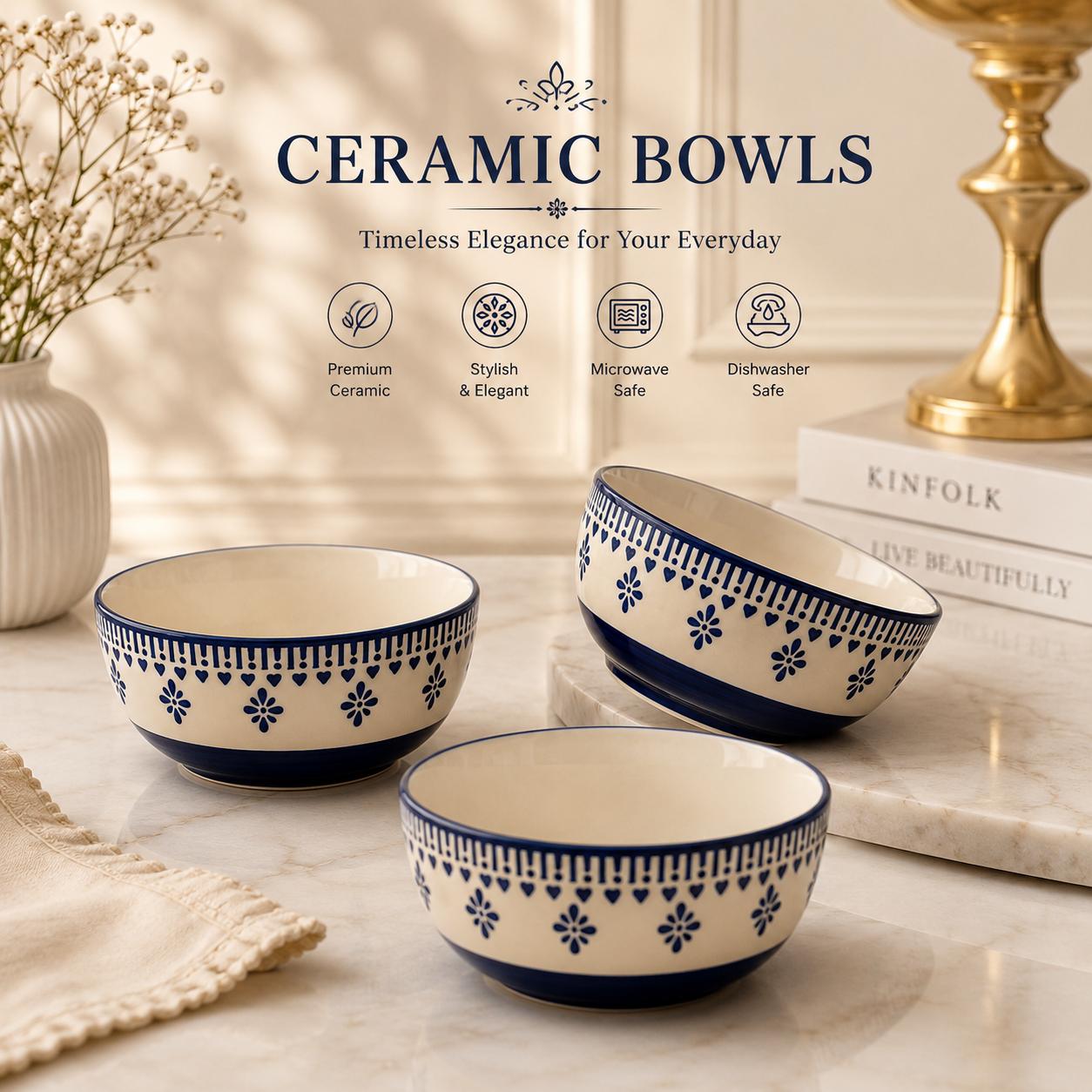 Elegant Blue Floral Ceramic Bowl Set of 3 | Microwave Safe | Premium Dining Bowls