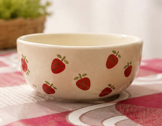 Hand-Painted Strawberry Ceramic Serving Bowl (8-Inch) – Cottagecore Oatmeal Breakfast & Salad Bowl