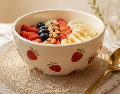 Hand-Painted Strawberry Ceramic Serving Bowl (8-Inch) – Cottagecore Oatmeal Breakfast & Salad Bowl