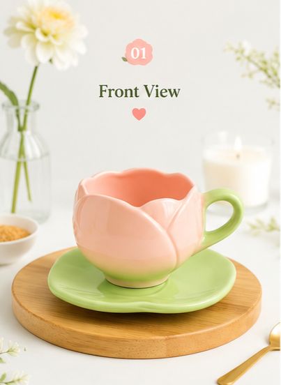 🌷 Tulip Bloom Ceramic Cup & Saucer Set | Aesthetic Floral Coffee Mug
