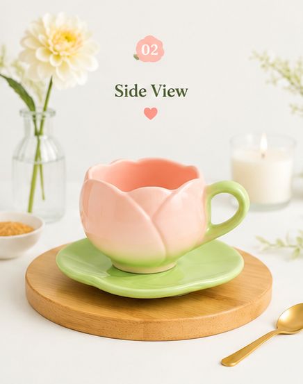 🌷 Tulip Bloom Ceramic Cup & Saucer Set | Aesthetic Floral Coffee Mug