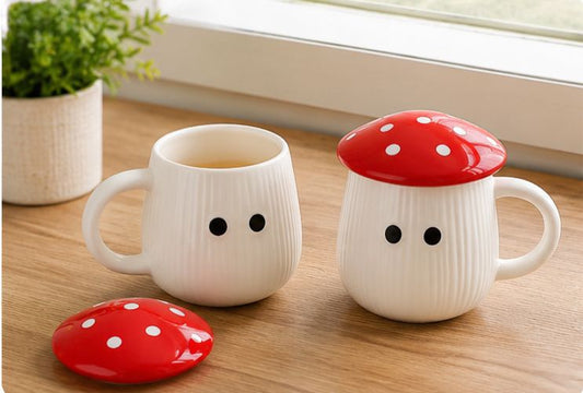🍄 Cute Mushroom Ceramic Mug with Lid | Kawaii Coffee & Tea Cup