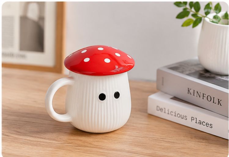 🍄 Cute Mushroom Ceramic Mug with Lid | Kawaii Coffee & Tea Cup