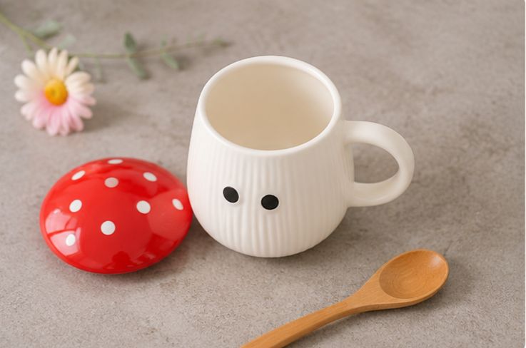 🍄 Cute Mushroom Ceramic Mug with Lid | Kawaii Coffee & Tea Cup