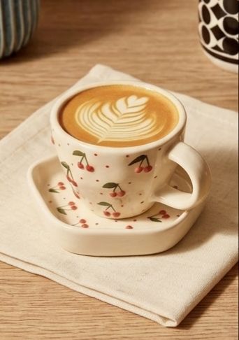 Hand-Painted Cherry Blossom Ceramic Mug & Saucer Set | Artisan Coffee Cup | Set of 2