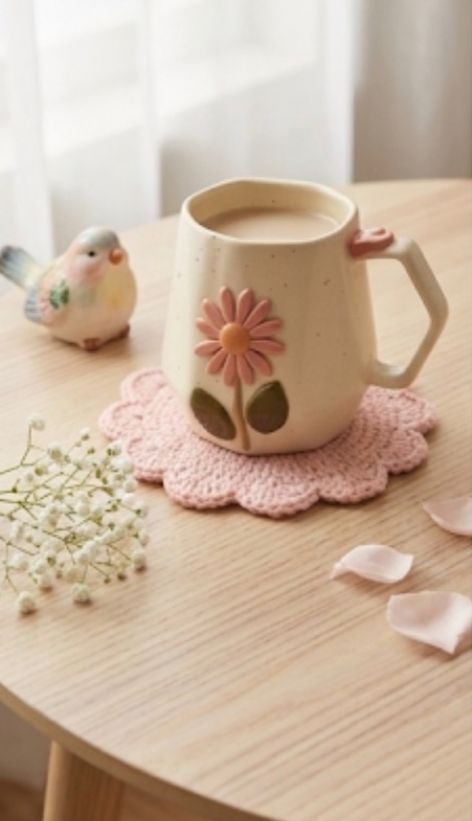Hand-Crafted 3D Floral Daisy Ceramic Mug | Artisan Aesthetic Coffee & Tea Cup