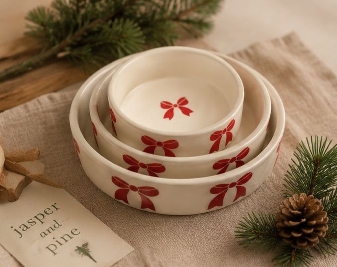 Red Ribbon Ceramic Nesting Bowls (Set of 3) by Jasper & Pine Co.