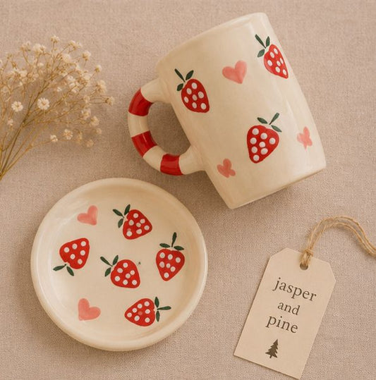 Strawberry & Heart Ceramic Mug and Saucer Set (Set of 2) by Jasper & Pine Co.