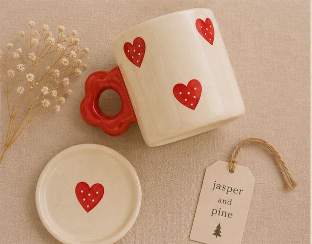 Dotted Heart Ceramic Mug & Saucer (Set of 2) by Jasper & Pine Co.
