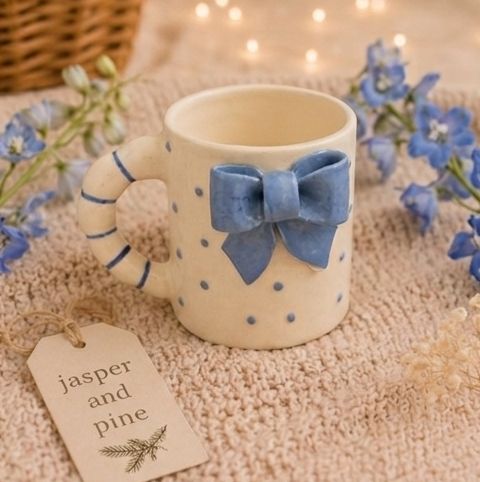 The 3D Blue Bow Ceramic Mug by Jasper & Pine Co.