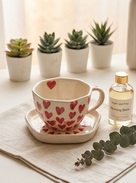 Wavy Edge Heart Ceramic Cup & Saucer (Set of 2) by Jasper & Pine Co.