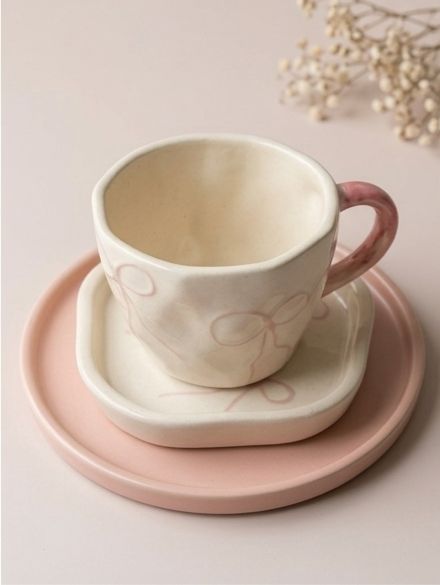 Wavy Edge Pink Bow Ceramic Cup & Saucer (Set of 2) by Jasper & Pine Co.